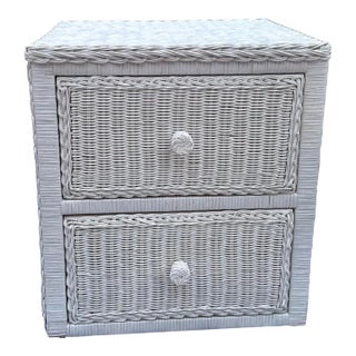 Vintage White Wicker 2-Drawer Nightstand With Glass Top For Sale