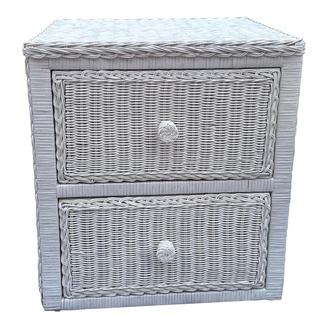 Vintage White Wicker 2-Drawer Nightstand With Glass Top For Sale