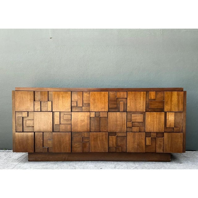 Chocolate Vintage Lane Brutalist “Mosaics” Geometric Wood Credenza For Sale - Image 8 of 12