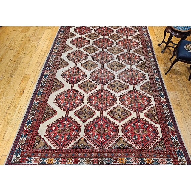 Vintage Persian Malayer Gallery Rug, Hand-Knotted Wool, Geometric Pattern, 7x13, Ivory & Red For Sale - Image 12 of 14
