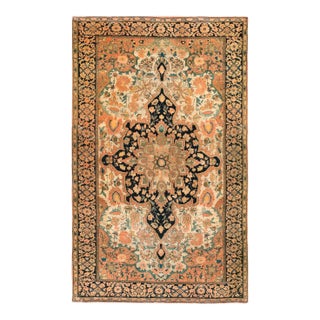 1900s Ivory Medallion Antique Persian Sarouk Rug 4'4" X 6'6" Handknotted Wool Carpet For Sale