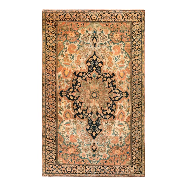 1900s Ivory Medallion Antique Persian Sarouk Rug 4'4" X 6'6" Handknotted Wool Carpet For Sale