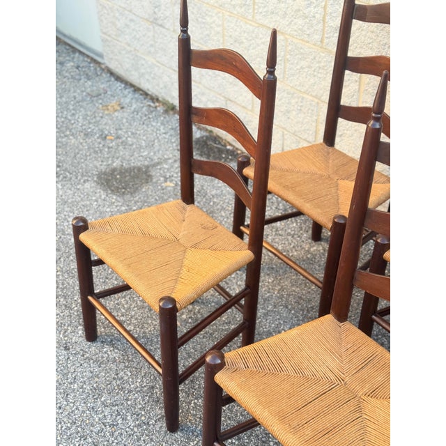 Textile Mid 20th Century Set of 6 French Provincial Ladderback Dining Chairs With Rush Seats For Sale - Image 7 of 12