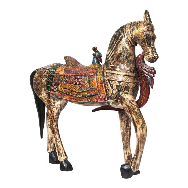 1940s Handcrafted White Wooden Horse Statue | Jeweled Indian Royal Equestrian Sculpture | Art Deco Wood Carving | Unique Housewarming Gift For Sale - Image 9 of 9