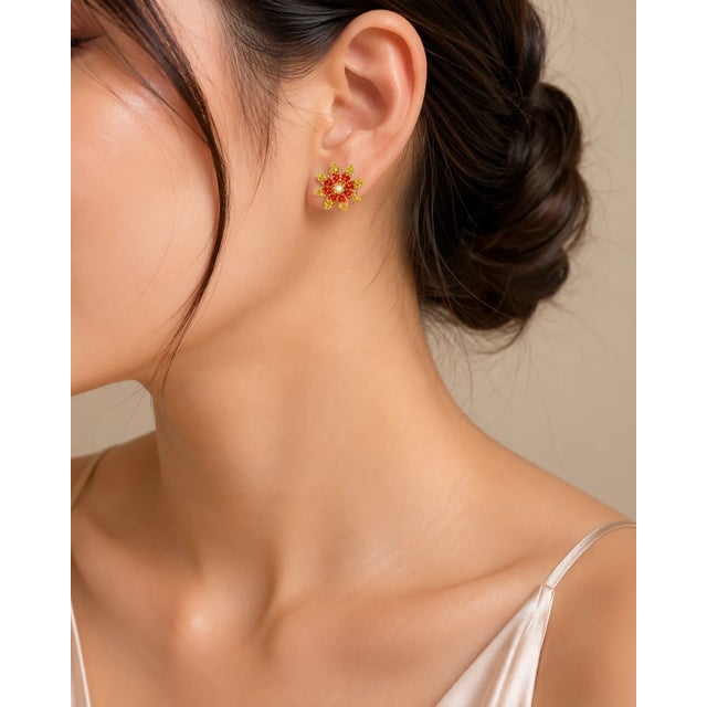 Traditional Late 20th Century Pair of 14K Yellow Gold Diamond Red Sapphire Flower Stud Earrings Studs For Sale - Image 3 of 3