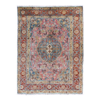 Antique Persian Tabriz Rug With Medallion in Soft Rose, Sky Blue, and Rust Red 4'7"x6'4" For Sale
