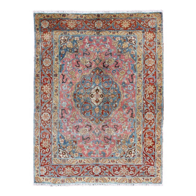 Antique Persian Tabriz Rug With Medallion in Soft Rose, Sky Blue, and Rust Red 4'7"x6'4" For Sale