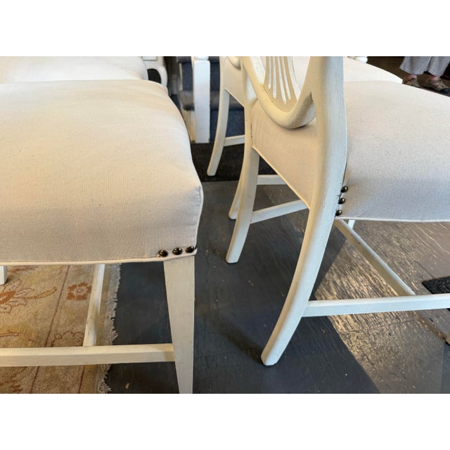 19th Century Antique Mahogany Hepplewhite Style Shieldback Chairs Painted French Linen White For Sale - Image 4 of 10