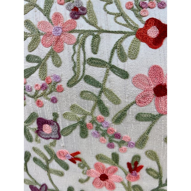 Textile Square Pillows With a Pink and Red Embroidered Floral Pattern, Made in U K- a Pair For Sale - Image 7 of 10