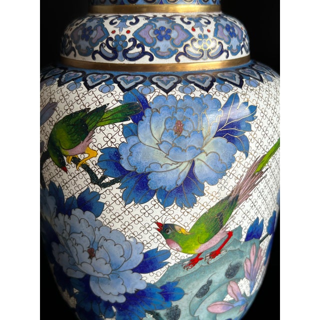 Metal Rare Pair of Large Chinese Ming Style Blue and White Cloisonné Vases For Sale - Image 7 of 12