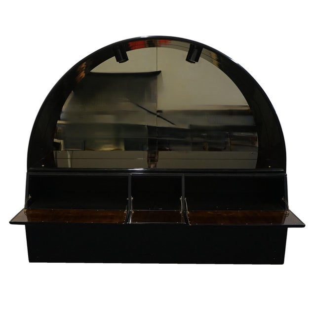 Henredon Furniture Scene III Collection Asian Inspired Contemporary Style King Size Black Lacquered Storage Headboard W. Illuminated Arched Mirror Top For Sale In Kansas City - Image 6 of 12