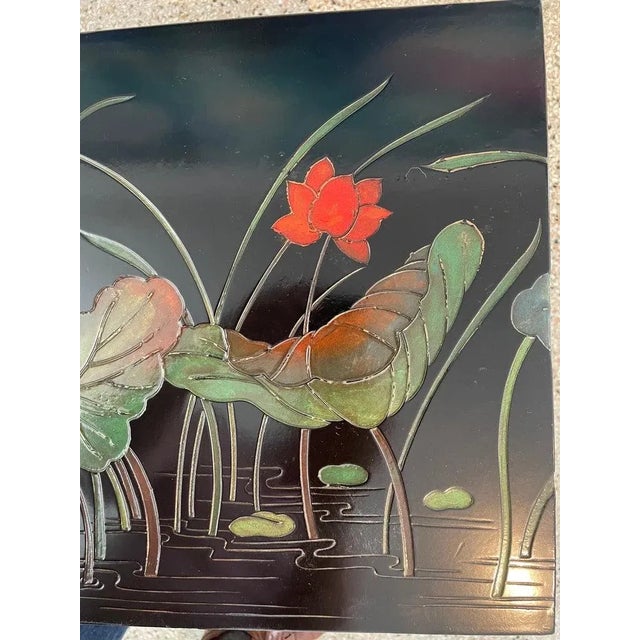 1970s-80s Console Table Art Deco Revival Coromandel Black Lacquer Lotus and Koi Fish For Sale In West Palm - Image 6 of 13