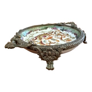 Exquisite Antique Hua Rong Tang Zhi Porcelain Brass Footed Decorative Trinket Plate For Sale