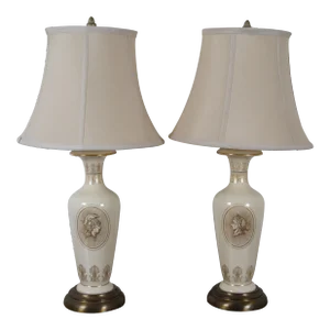 Mid 20th Century Neoclassical Grecian Cameo Face Ceramic Torchiere Table Lamps - a Pair