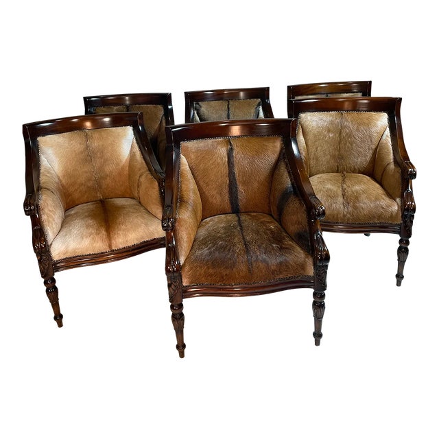 1990s Set of 6 Hide and Mahogany Accent Chairs For Sale