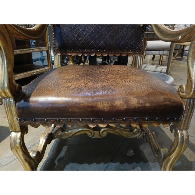 Pair of Louis XIV Armchairs in Tooled Leather and Gilt Wood, Late 18th C. For Sale - Image 16 of 18