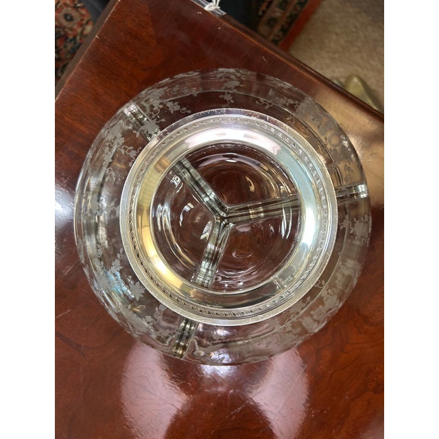 Cambridge Glass Co. "Chantilly" 10" etched glass bowl, with Wallace sterling silver foot. Sterling foot measures 5"...