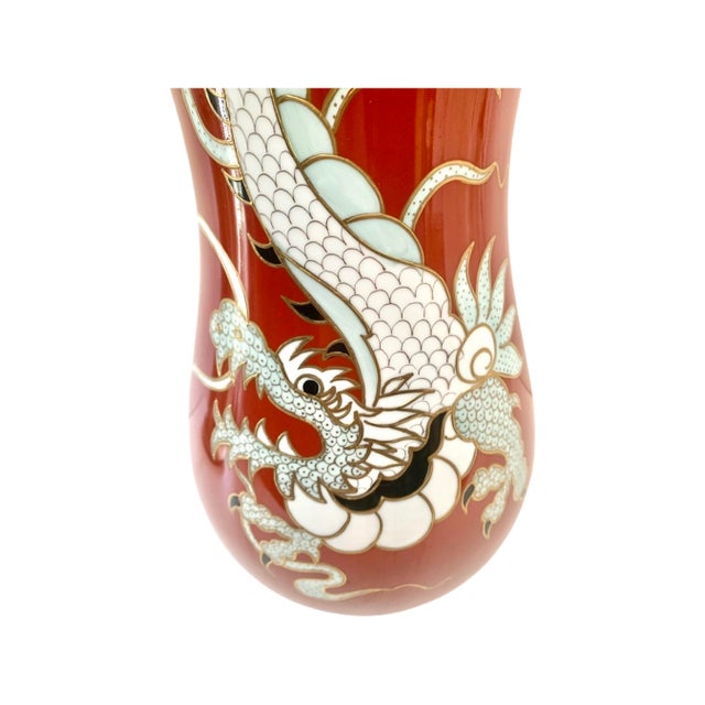 Traditional Huge Dragon Design Wallendorf German Made Red Hand Painted Gilt Vintage Porcelain Vase For Sale - Image 3 of 9