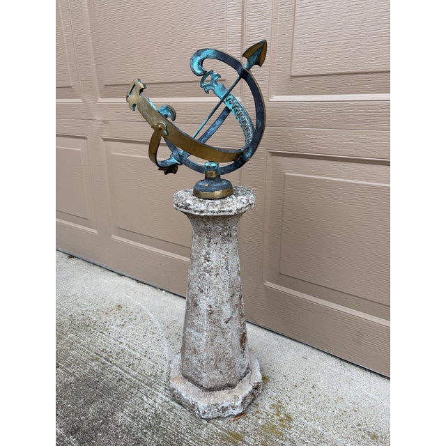 Vintage English Country Classical Verdigris Bronze and Brass Garden Armillary Sundial on Concrete Corinthian Column Pedestal For Sale - Image 4 of 12