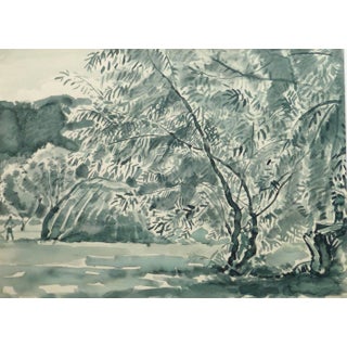 Francois Kamel, French Watercolor - Viridescent Garden For Sale