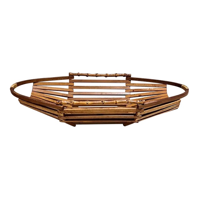 MCM Vintage Japanese Bamboo Open Basket Tray Catch All For Sale