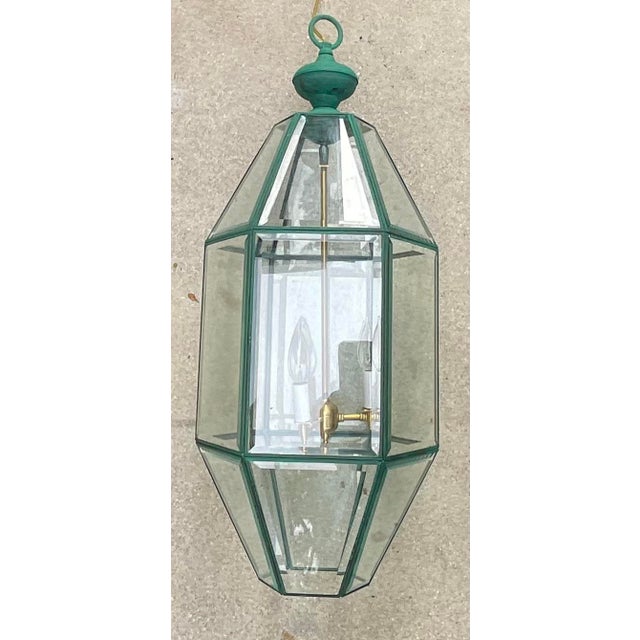 exquisite, vintage hexagonal hanging lantern , features a solid brass interior chandelier with a three-light cluster,...