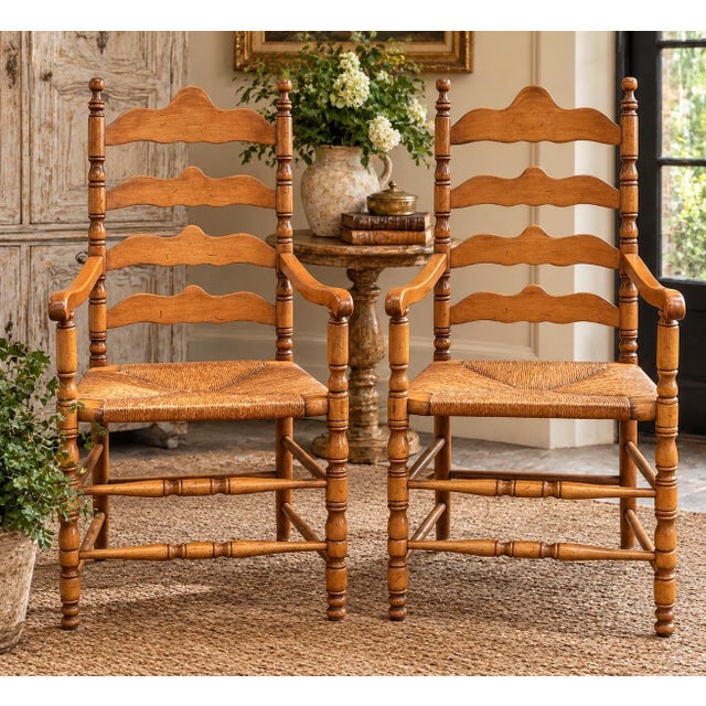 Pair of Rustic English Country Ladder-Back Armchairs With Woven Rush Seats For Sale - Image 12 of 12