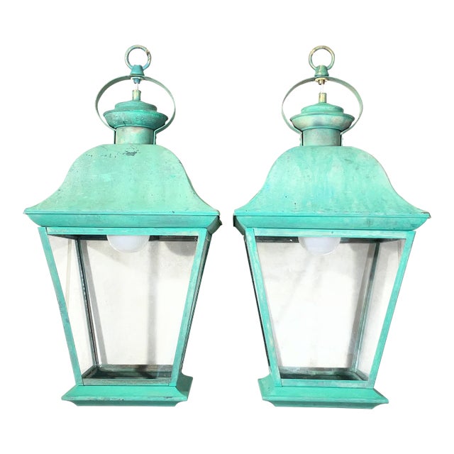 Pair of Solid Brass Vintage Ceiling Lantern 19” X 9”.5 X 9”.5 For Sale