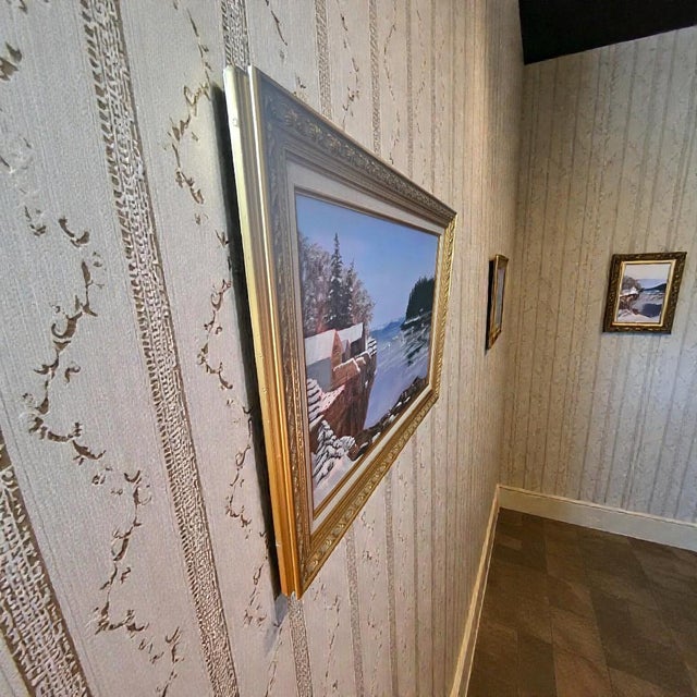 Coastal Winter Harbor Snow Scene Original Painting on Canvas, Signed Allen – Framed Coastal Landscape 29½" X 24" For Sale - Image 3 of 9