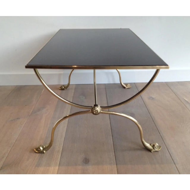 1940s Fench Brass & Black Lacquered Glass Top Dolphin Heads Coffee Table For Sale - Image 6 of 13