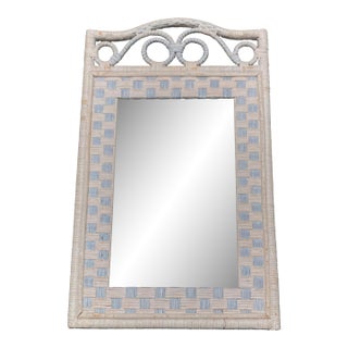 Vintage Wicker Pastel Cream Pink and Blue Wall Mirror For Sale