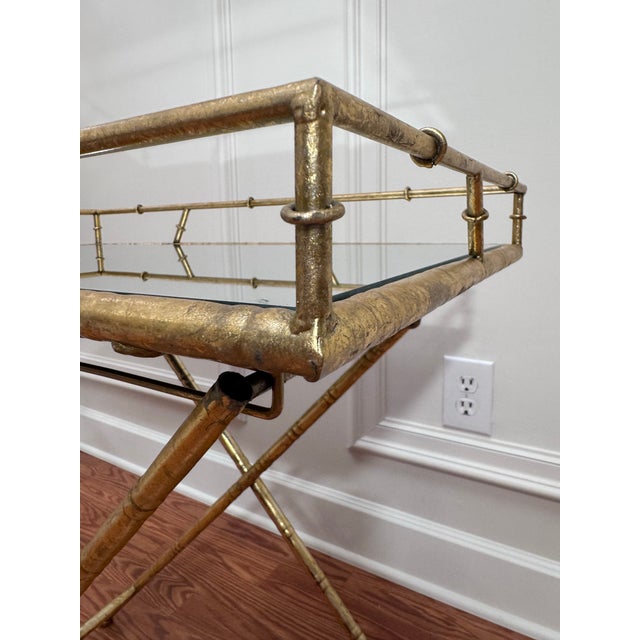 Vintage Hollywood Regency Faux Bamboo Gold Finish Mirror Collapsible Tray Table For Sale - Image 10 of 12