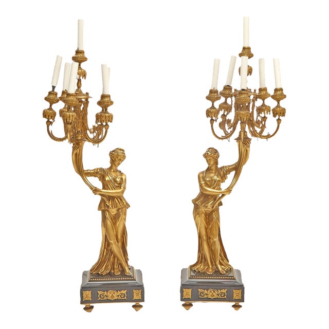 Impressive Pair 19th Century Gilded Bronze Ormolu Six-Light Figural Candelabra For Sale