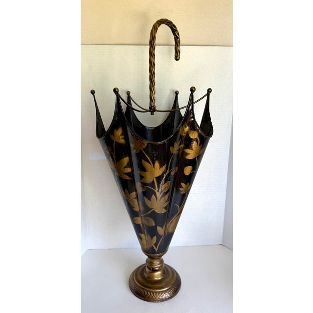 1960s Italian Figurative Black & Gold Floral Tole Umbrella Stand For Sale - Image 12 of 12