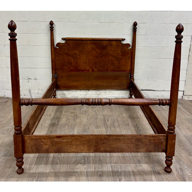 Antique Full Size American Empire Style Burl Grain Four Poster Bed For Sale - Image 4 of 11