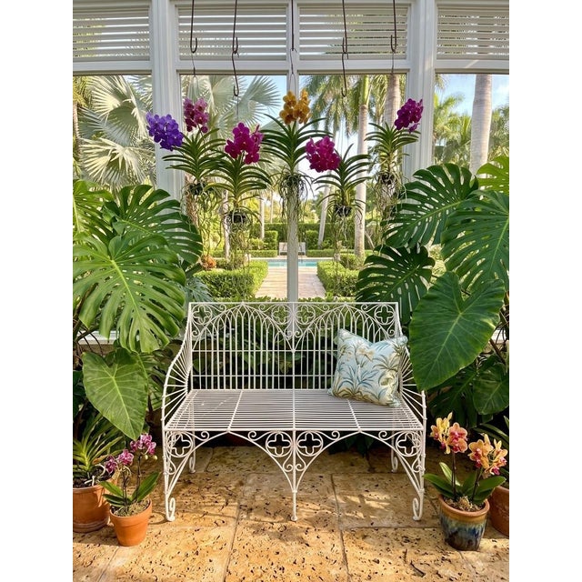Vintage Gothic Revival Style White Wrought Iron Garden Settee For Sale In West Palm - Image 6 of 12
