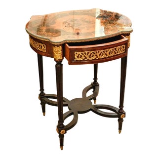 French Style Wood Side Table With Glass Top, Bronze Accents & Gold Leaf Details For Sale