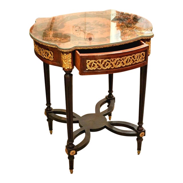 French Style Wood Side Table With Glass Top, Bronze Accents & Gold Leaf Details For Sale