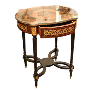 French Style Wood Side Table With Glass Top, Bronze Accents & Gold Leaf Details