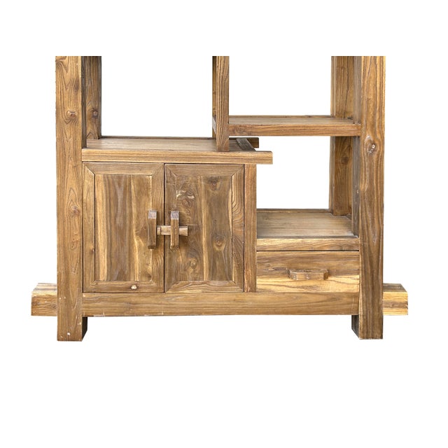 Tan 1980s Rustic Thick Bold Wood Multi-Shelves Display Cabinet Bookcase Room Divider For Sale - Image 8 of 18