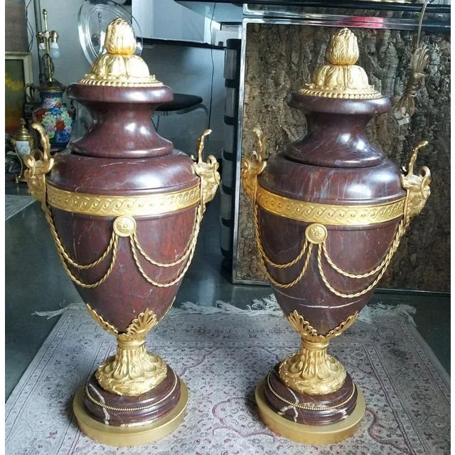 20th Century French Rouge Marble Bronze Ormolu Urns - a Pair For Sale - Image 11 of 13