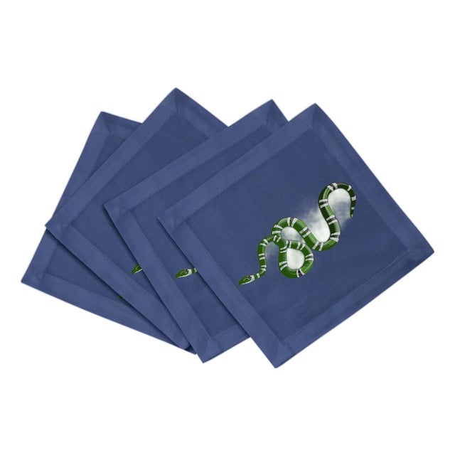 Serpent Cotton Sateen Cocktail Napkins in Blue, Set of 4 For Sale