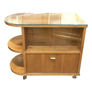 Mid Century Art Deco Inspired Rolling Bar Cart With Drop Front and Glass Bar Storage on the Reverse. For Sale