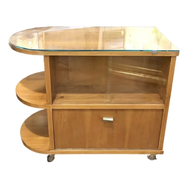 Mid Century Art Deco Inspired Rolling Bar Cart With Drop Front and Glass Bar Storage on the Reverse. For Sale
