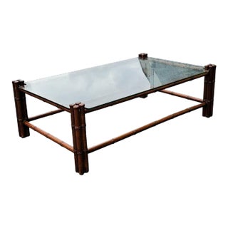 Regency Style Faux Bamboo Mahogany Glass Top Cocktail Table Coffee Table For Sale