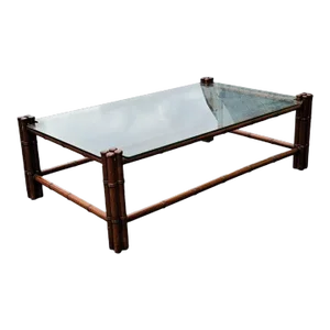 Regency Style Faux Bamboo Mahogany Glass Top Cocktail Table Coffee Table