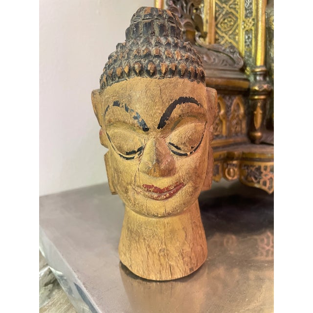 Wood 19th Century Himalayan Carved Buddha Head With Painted Detailing For Sale - Image 7 of 7