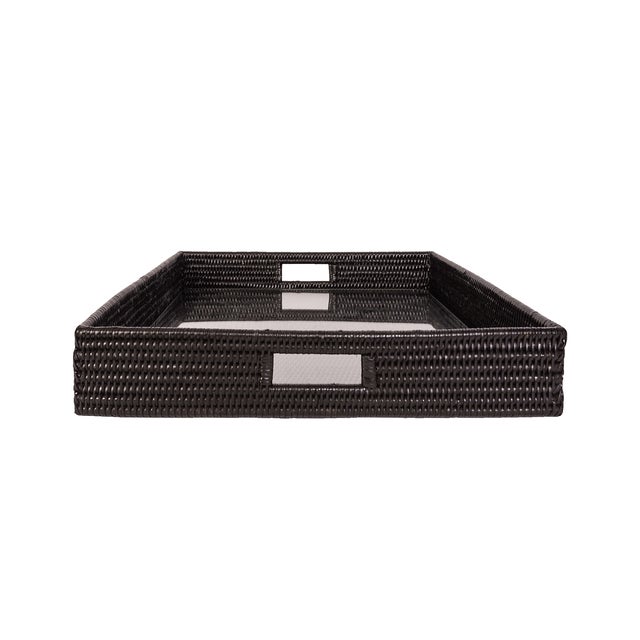 Boho Chic Artifacts Rattan Square Serving Ottoman Trays with Glass Insert in Black, Medium For Sale - Image 3 of 3