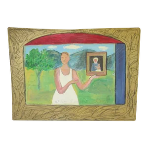 1980s Karin Campfens Folk Art Painting on Wood Woman Holding Portrait of Virgin Mary and Child