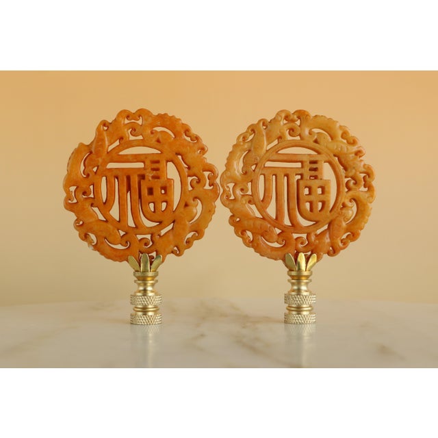 Chinoiserie Chinese Good Fortune Symbol Carved Stone Lamp Finials on Brass Hardware - A Pair For Sale - Image 3 of 7